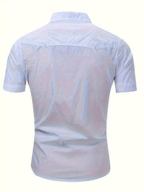 mens cotton short sleeve casual shirt lightweight breathable summer outdoor workwear with chest pockets button up collared design for hiking camping military style solid color
