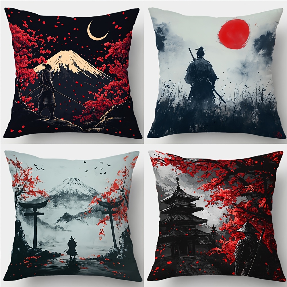 Image of Set Of 4 Decorative Pillow Covers Featuring Designs Of , , Blossoms, Torii Gates, A Night, And A Red Sun, All In A Japanese Aesthetic. Ideal For Celebrations, Everyday , Outdoor Vehicles
