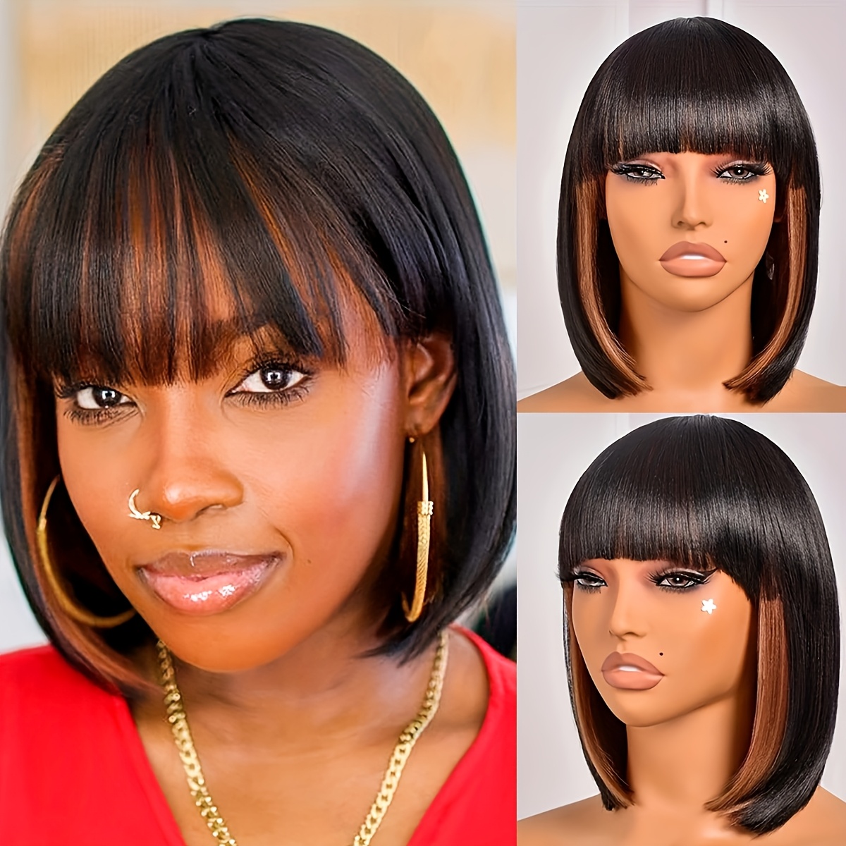 TEMU 1pc Afeels Elegant Bob Wig For Women, 150% Density Straight Synthetic Hair, Heat-resistant Fiber, , Black To Brown Ombre,