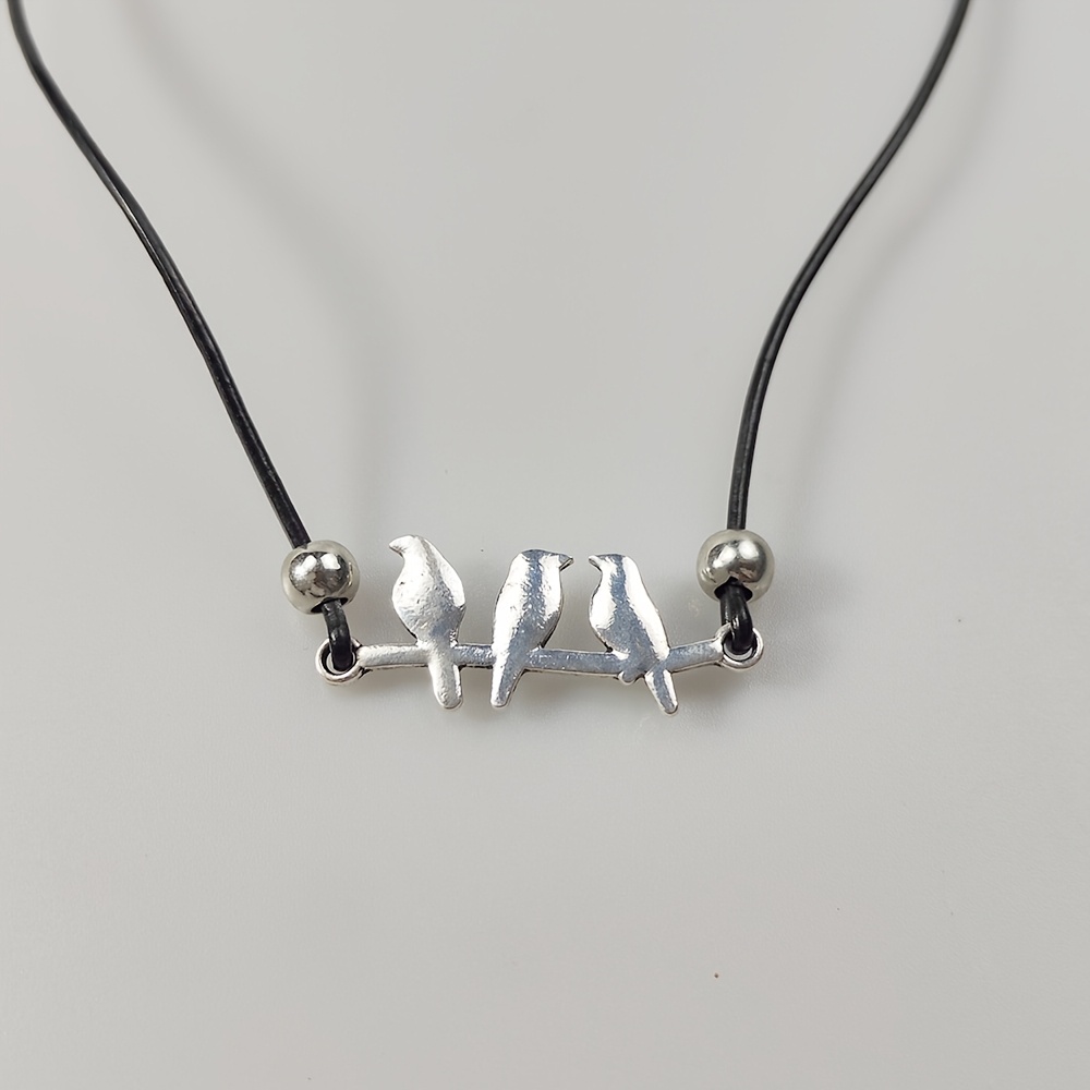 TEMU Vintage Minimalist Style Glossy Finish Bird Perched On Branches And Wax Cord Beaded Women's Necklace, Best Friend Gift, Daily Wear, Anniversary