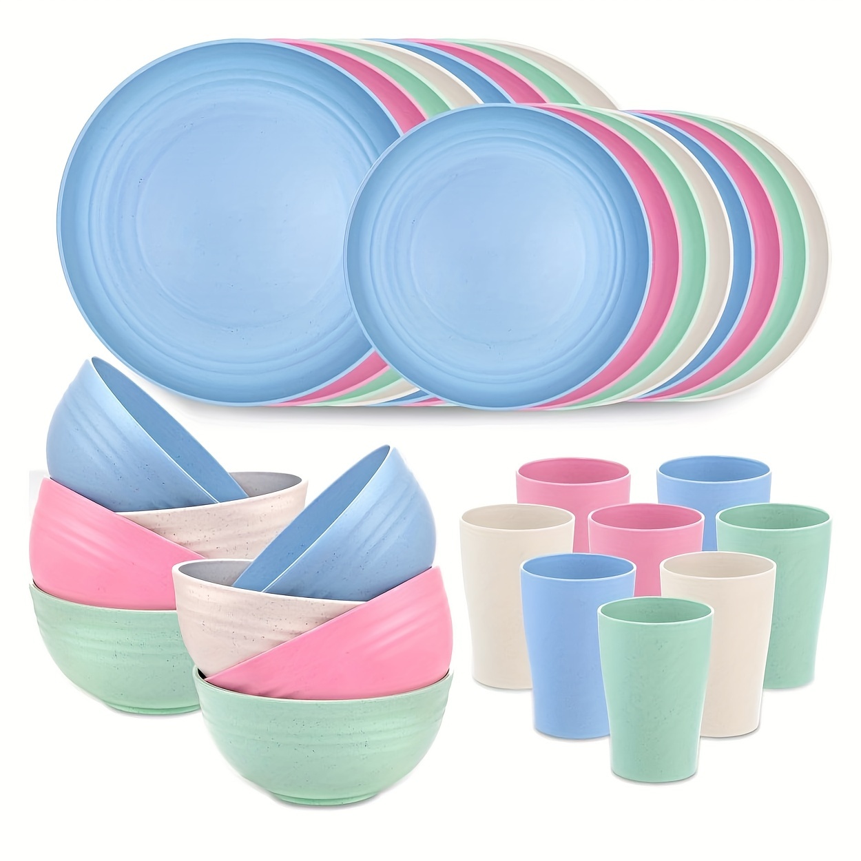 

32pcs Wheat Straw Dinnerware, Microwave Dishwasher Safe, Unbreakable Light Weight Plates Service For 8, Reusable Tableware Set, Multicolor Set Include 16pcs Plates, 8pcs Bowls, 8pcs Cups