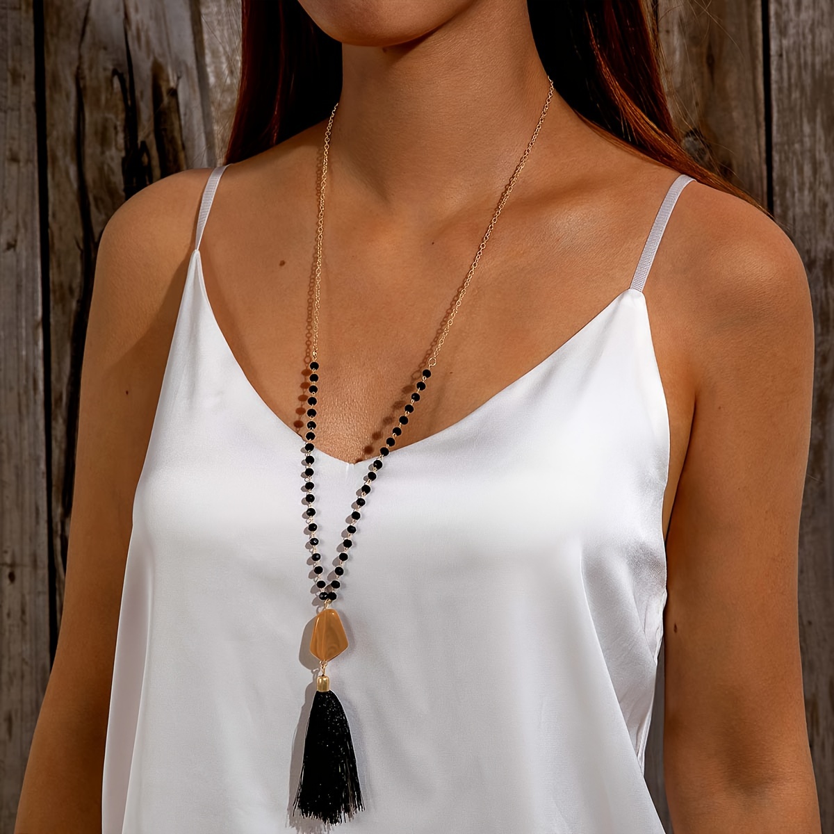 TEMU Fashionable And Unique -like Stone Tassel Long Pendant Necklace, A Versatile Classic Gift For Women's Prom Parties