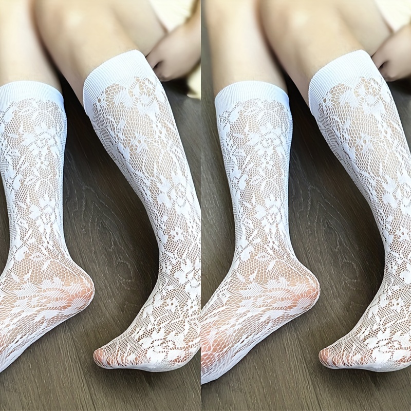 Image of Of Jk Mid-calf Mesh Socks With Rose Patterns For Women, Trendy Lolita Style Style Long Socks, Hollow-out Style, Black And White