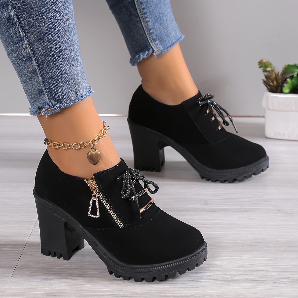 

Women' Ankle Booties With Heel - High Heel Plain Toe Zipper Closure Solid Color Chunky Platform Boots With And Comfortable Fabric Insole