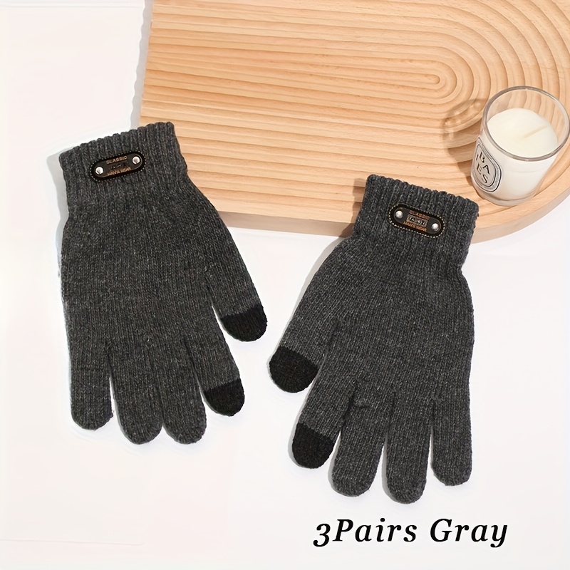 TEMU 3pairs Men's Autumn And Winter Knitted Gloves, Classic And Versatile, Outdoor Warm And Windproof Touch Screen Gloves