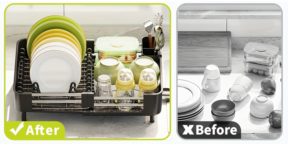   adjustable dish drying rack for kitchen extendable two tiered with non scratch drainers movable utensil holder and drainage spout ideal for plates bowls cups pots dish drying rack for kitchen counter Product details 1