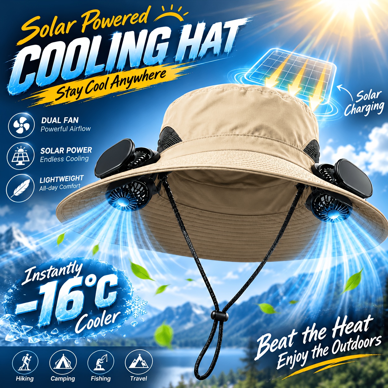 TEMU Solar-powered Fan Hat With Dual-fan Design, Breathable Wide-brim Sun Hat, Unisex, Equipped With Adjustable Fan Speeds And Adjustable Strap,