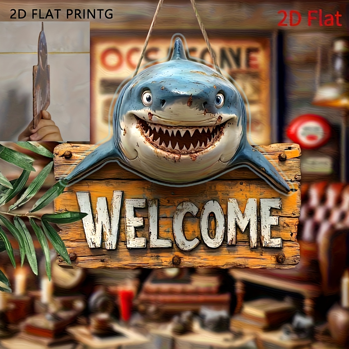 E-shop 2D Flach, ein Holzschild mit einem flachen Hai - eine rustikale Wanddekoration mit einem verfärbten gelben Hintergrund und auffälligen