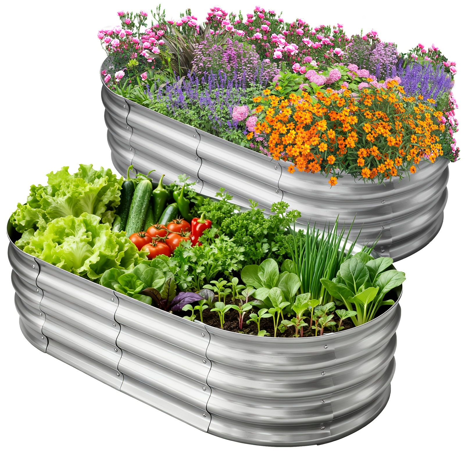 item picture 1/2/3/4pcs Galvanized Elevated Vegetable Garden Bed Set, Galvanized Planting Box, Large Oval Metal Elevated Vegetable Garden Bed for Outdoor Vegetable Planting.