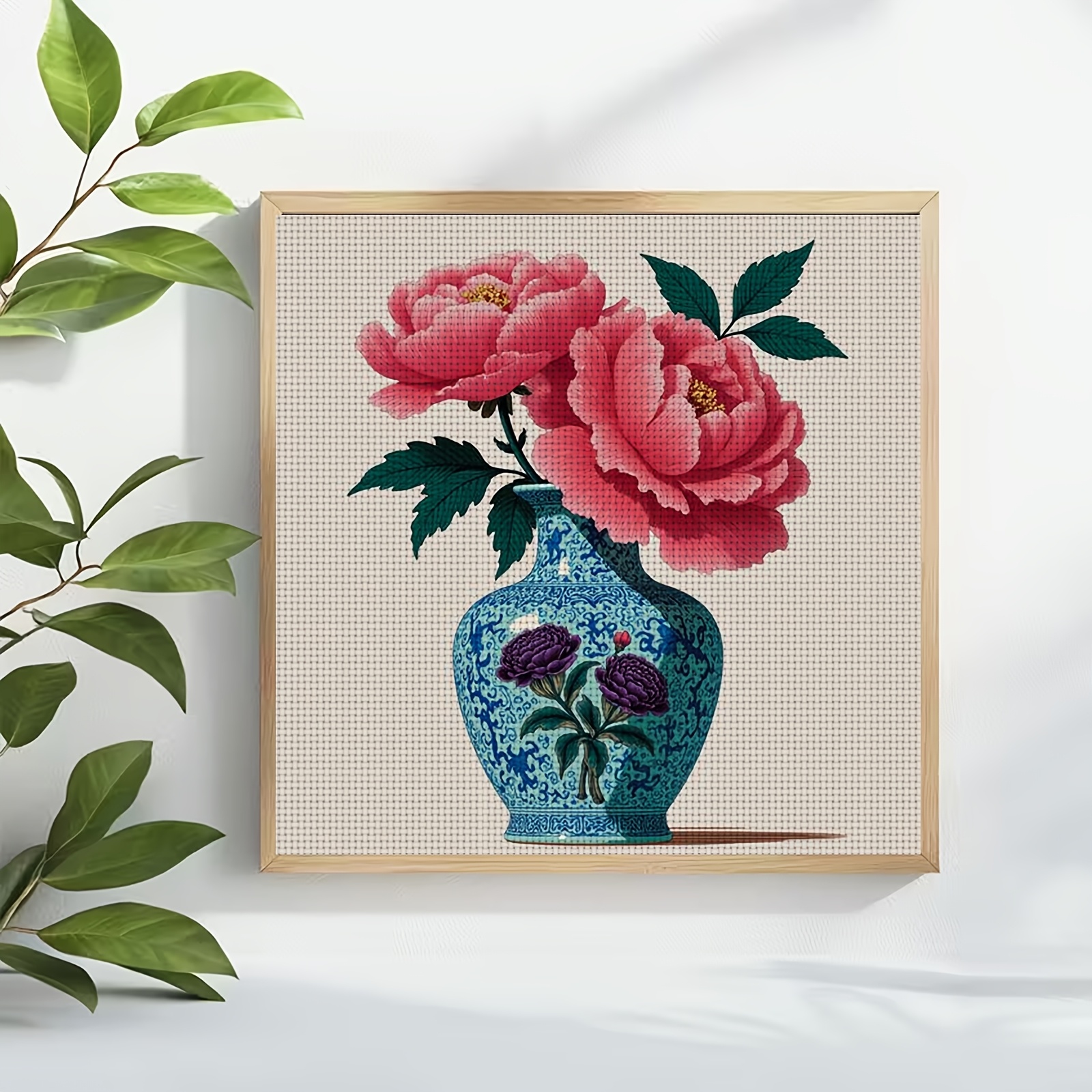 DIY Cross-Stitch Printed Kit, Blue Vase with Pink Peonies Design