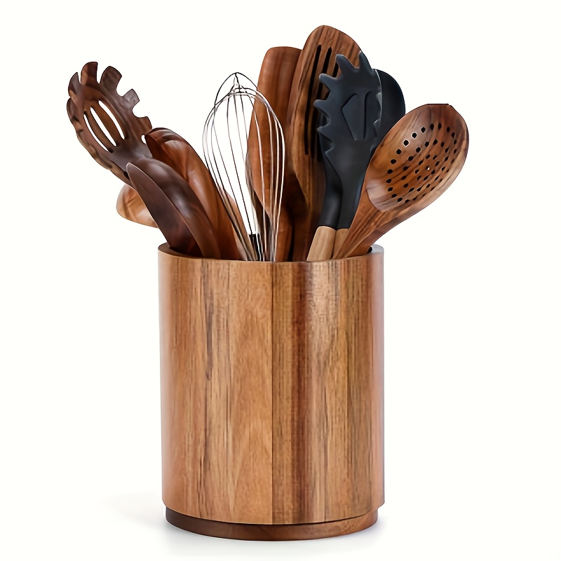 Image of Acacia Wood.wooden Utensil Holder, 360 Degree Countertop Rotating Extra Large Cooking Utensil Holder 7.6 Kitchen Holder, Kitchen Utensil Organizer For Countertop Farmhouse Decor Christmas Gift