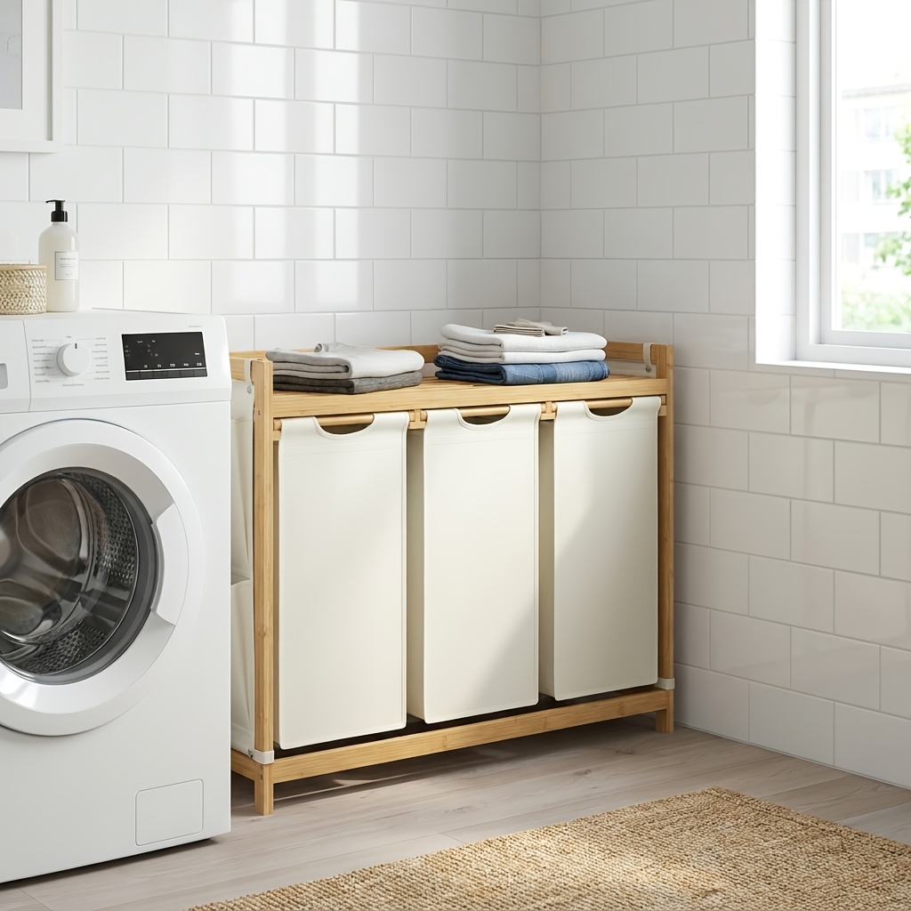 TEMU Panier à linge 3 compartiments avec étagère et poches latérales, grand panier à linge de 150L avec sacs de protection amovibles, panier à linge