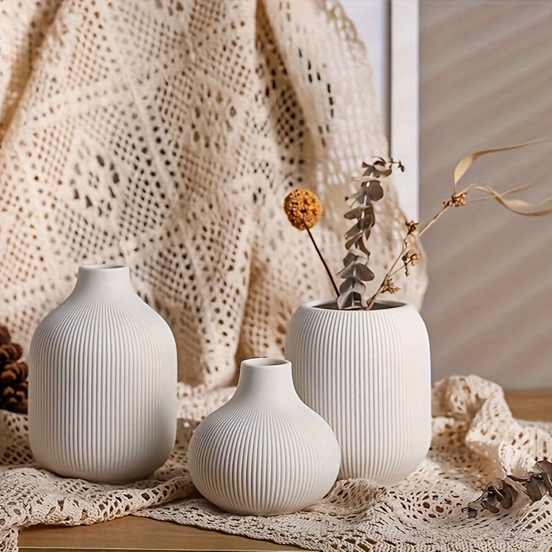 Image of Modern Minimalist White Ceramic Decorative Vase 3pcs Set, Neutral Ribbed Vases, Suitable For Tables, Shelves, Bookcases, And
