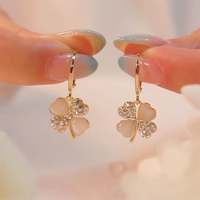 TEMU Pair Of Elegant Golden-tone Clover Drop Earrings For Women - 14k Golden Plated, December Birthstone, , Weddings & Formal Events, Wedding