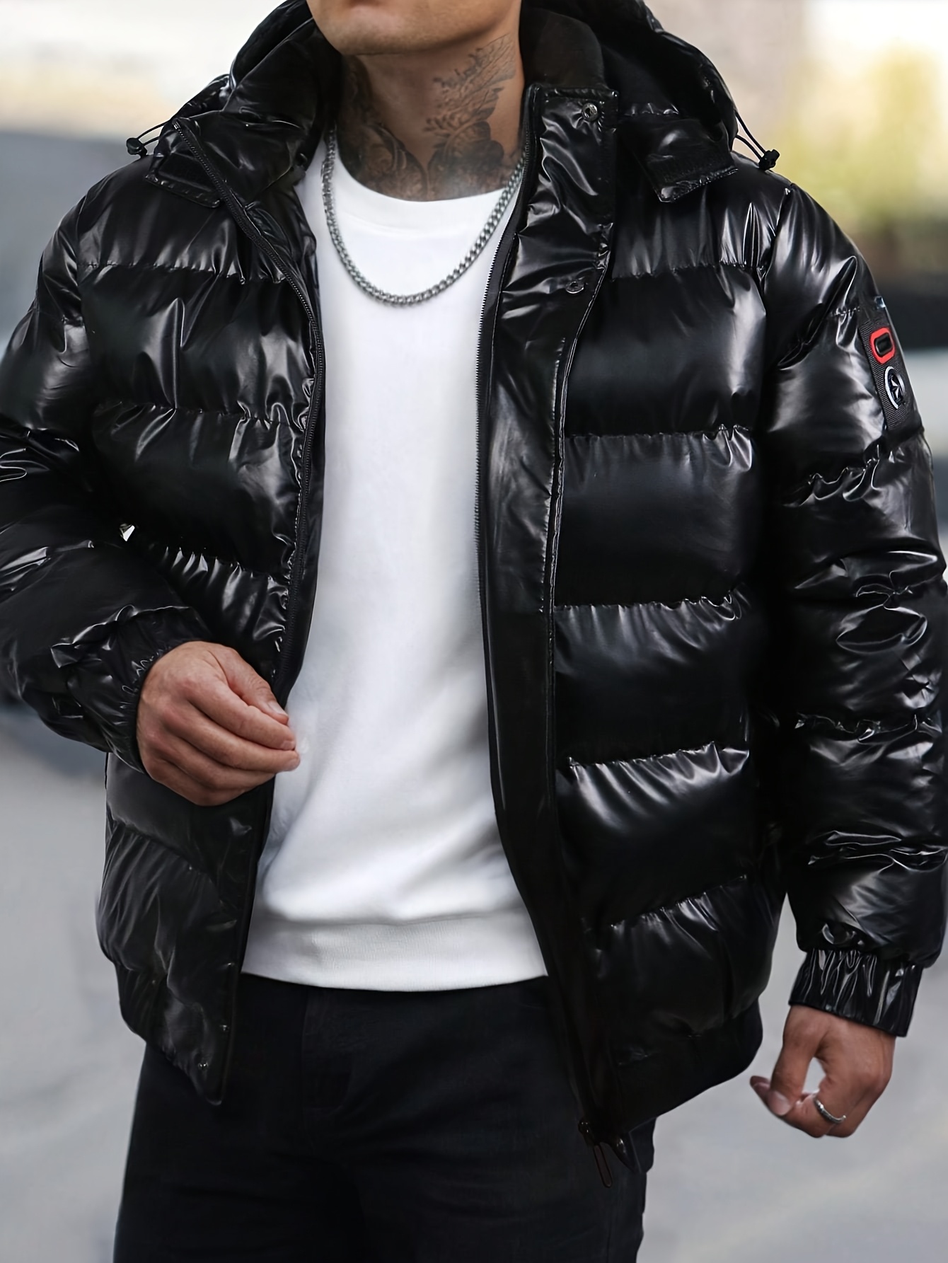   obm mens shiny stamp detachable hood long sleeve warm coat jacket