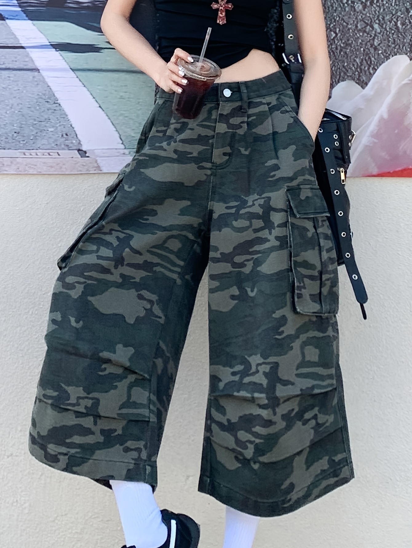 womens vintage cargo capri pants non stretch jeans button Temu