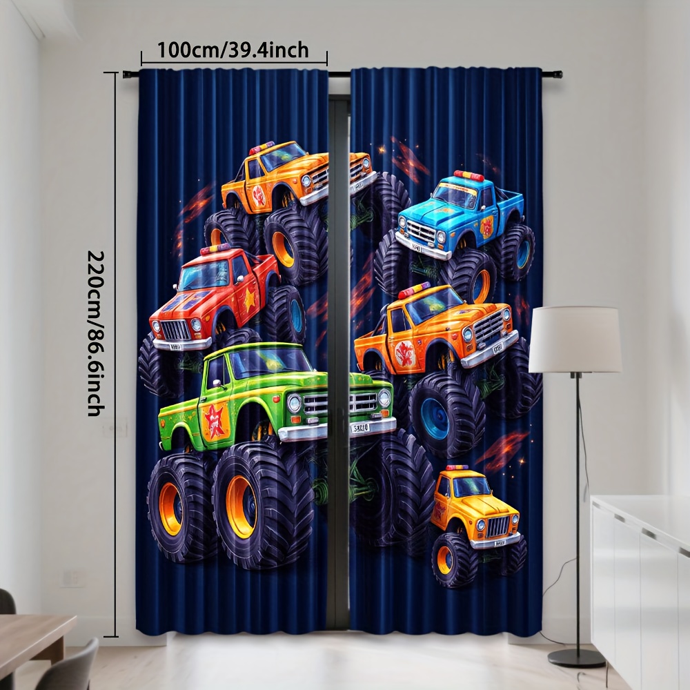 TEMU Set Of 2, Curtains Featuring A Graphic Print Of Monster Trucks, Made From Polyester With A Rod . Light To Filter Through, Making Them Suitable