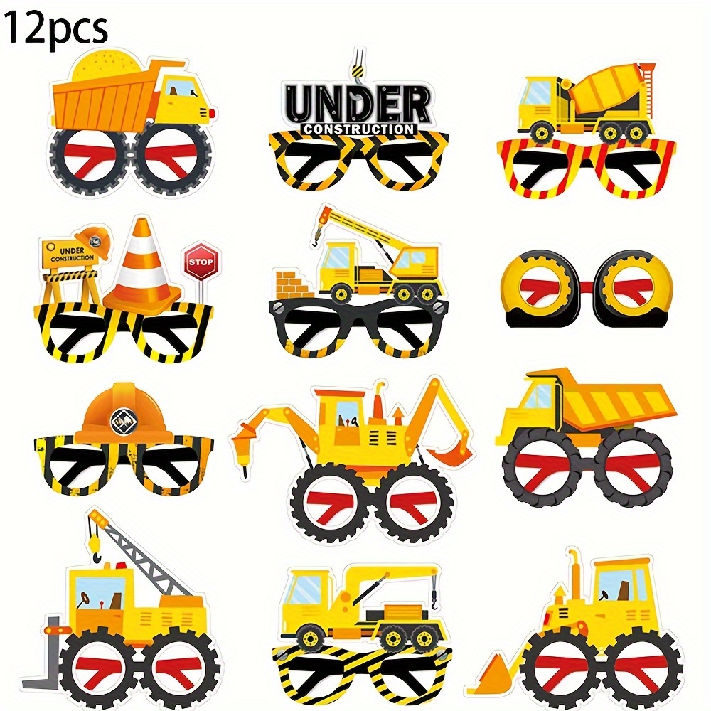 

12-pack Construction Themed Photo Booth Props With Cartoon Vehicle Designs - Paper Eyewear Accessories For Engineering Party Fun, Birthday Celebrations, And Decorative Atmosphere