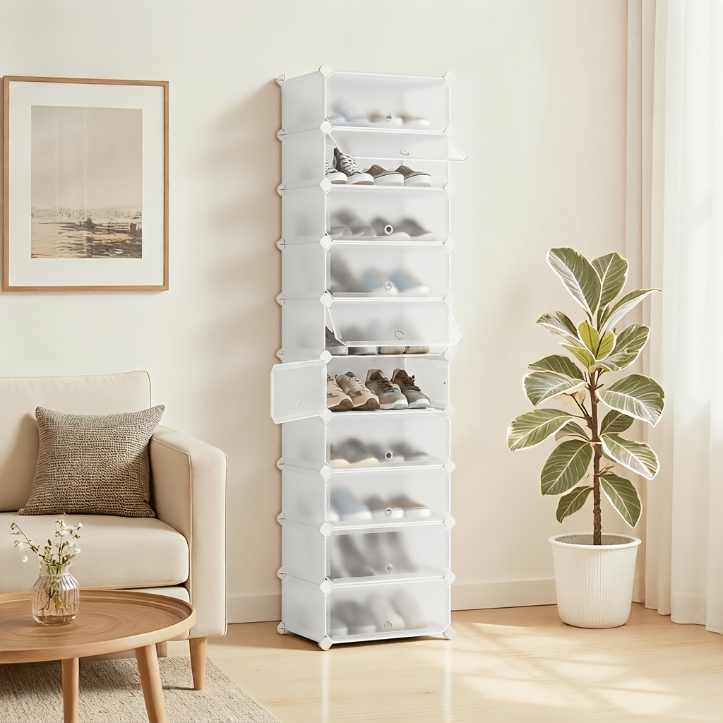 Image of 10-level Shoe Rack, Plug-in Shelf, Hallway Shelving System, Shoe Organizer, Storage, With Door, Made Of Pp Plastic