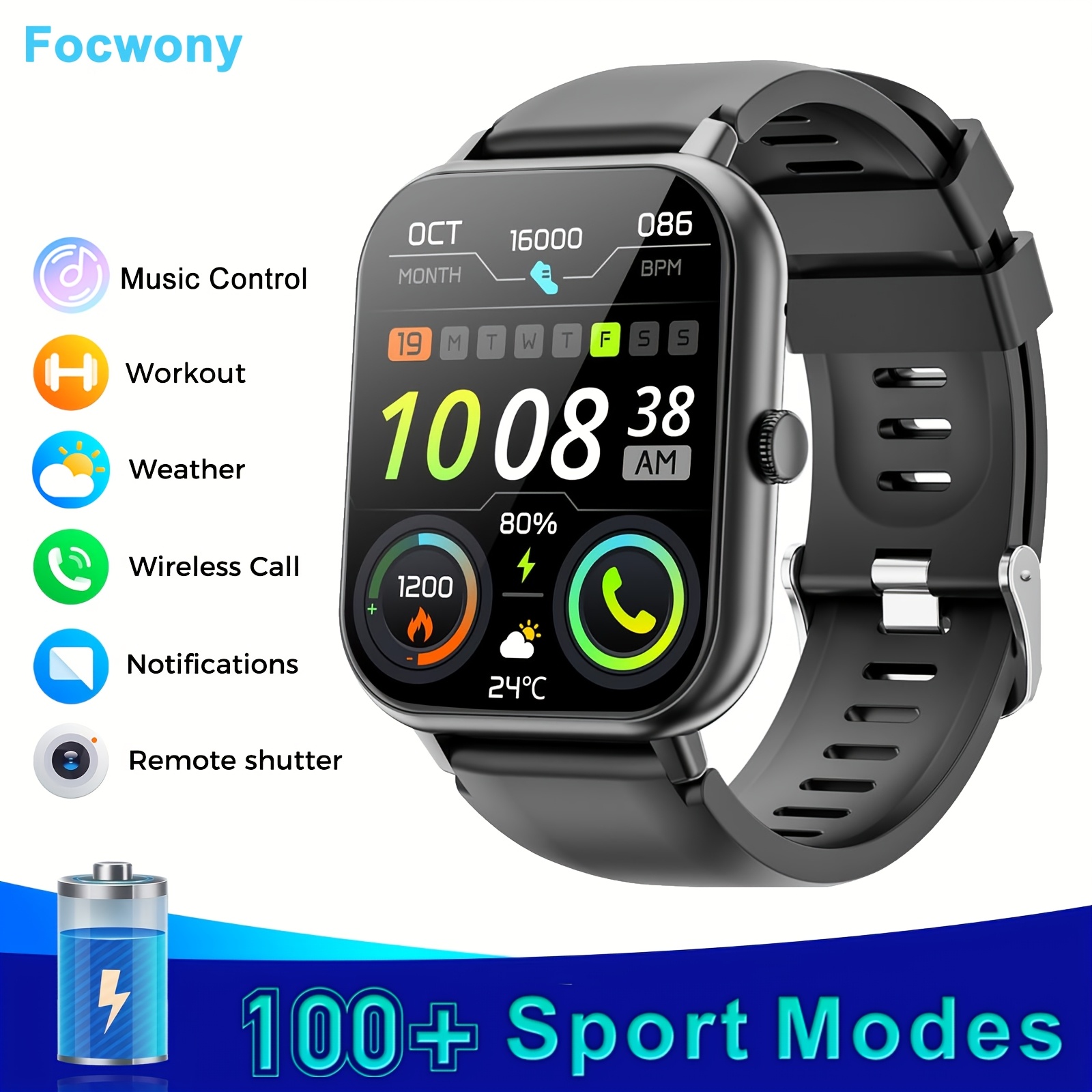 Image of Focwony For Smart Watch With Square Screen, Compatible For Iphone/, Waterproof Smartwatch With Step Counter, , 100 ,, Music Player, Wireless Fitness