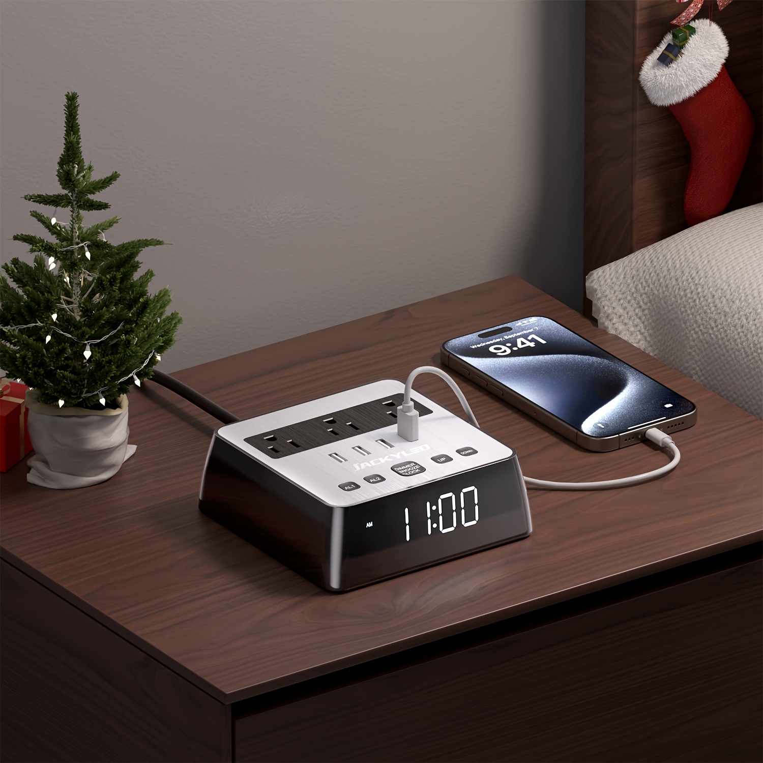 TEMU Desk Charging Station Power Strip 3 Ac Outlets 4 Usb Outlets Alarm Clock Charger With The Protection(1700j) Total 4.8a Usb Ports Led Full Screen
