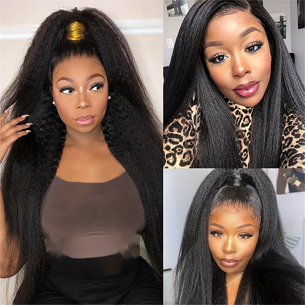 Image of 150% Density Straight Hd Frontal Wigs In Natural Black Shade, Featuring Kinky Straight Human Hair For Women. This 13x4 Straight Lace Front Wig With A Pre-plucked Hairline And Baby Hairs