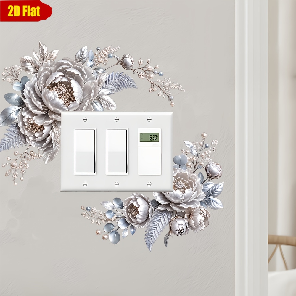 TEMU 1 adesivo decorativo per interruttore natalizio con peonia grigio , foglie e rami di perla, lussuoso e , autoadesivo, qualit�, per parete, stile