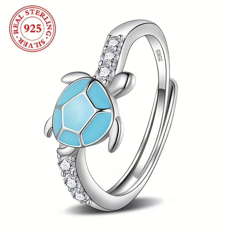 

Sterling Silver 925 Adjustable Turtle Ring With Blue Opal And Cubic Zirconia Accents, Cute Ocean Beach Style, Women's Fashion Ring