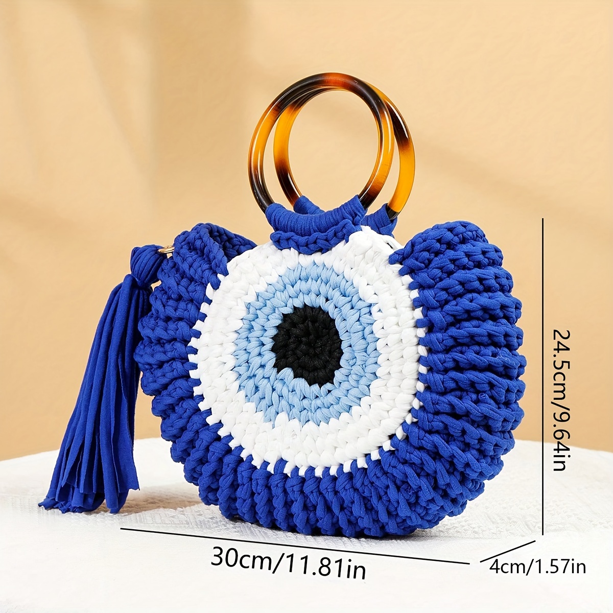 Large-Capacity Bohemian Tassel Weave Tote Bag - Lightweight Geometric Design with Royal Blue Fixed Strap, Durable Fabric for Beach, Casual Outings & Everyday Use