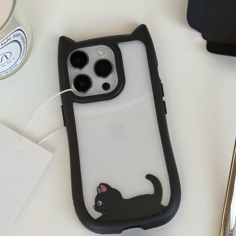 TEMU Phone Case: Cute Cartoon Little Black Cat Pattern, Trendy Brand Cute Cat Ears Phone Case, Acrylic Cat Ears -proof Lightweight Protective Cover,