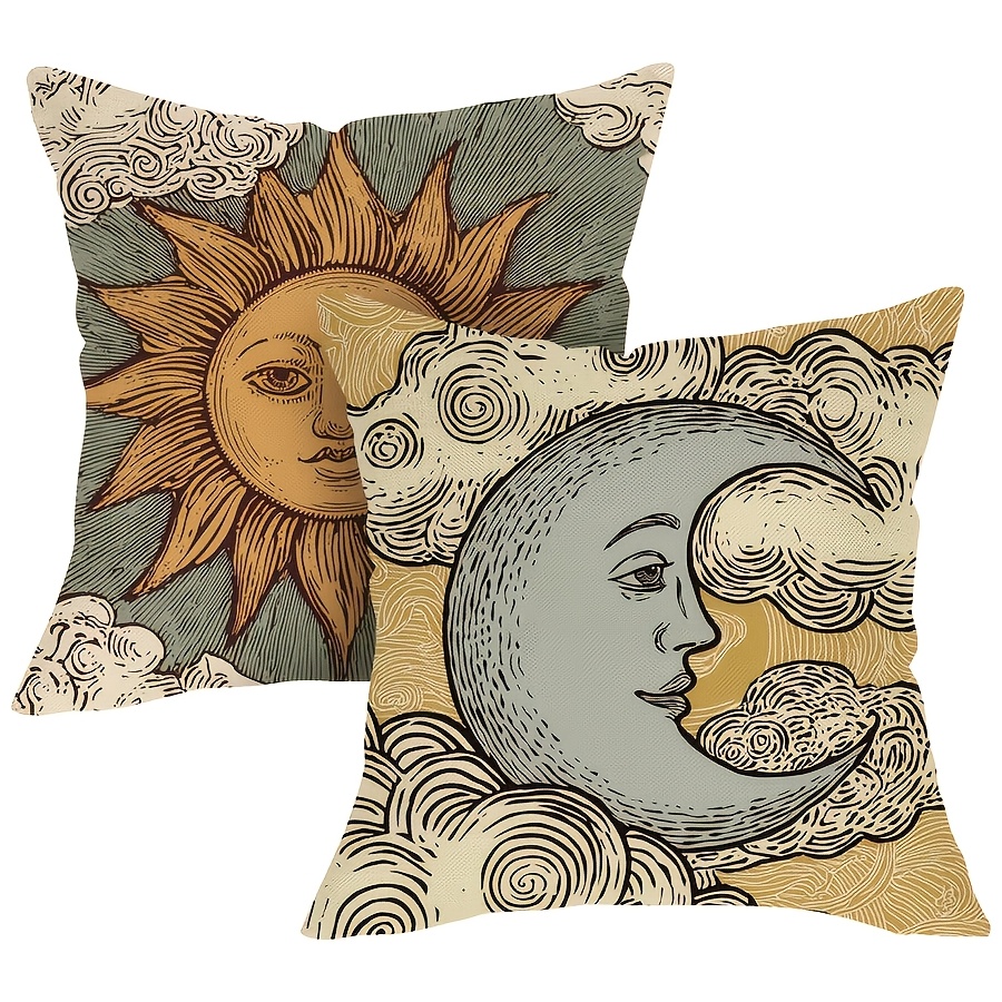 TEMU Juego de 2 fundas de almohada decorativas de cielo, sol y luna, decoración retro de para puerta, astrología, hogar y exteriores, de cojín retro