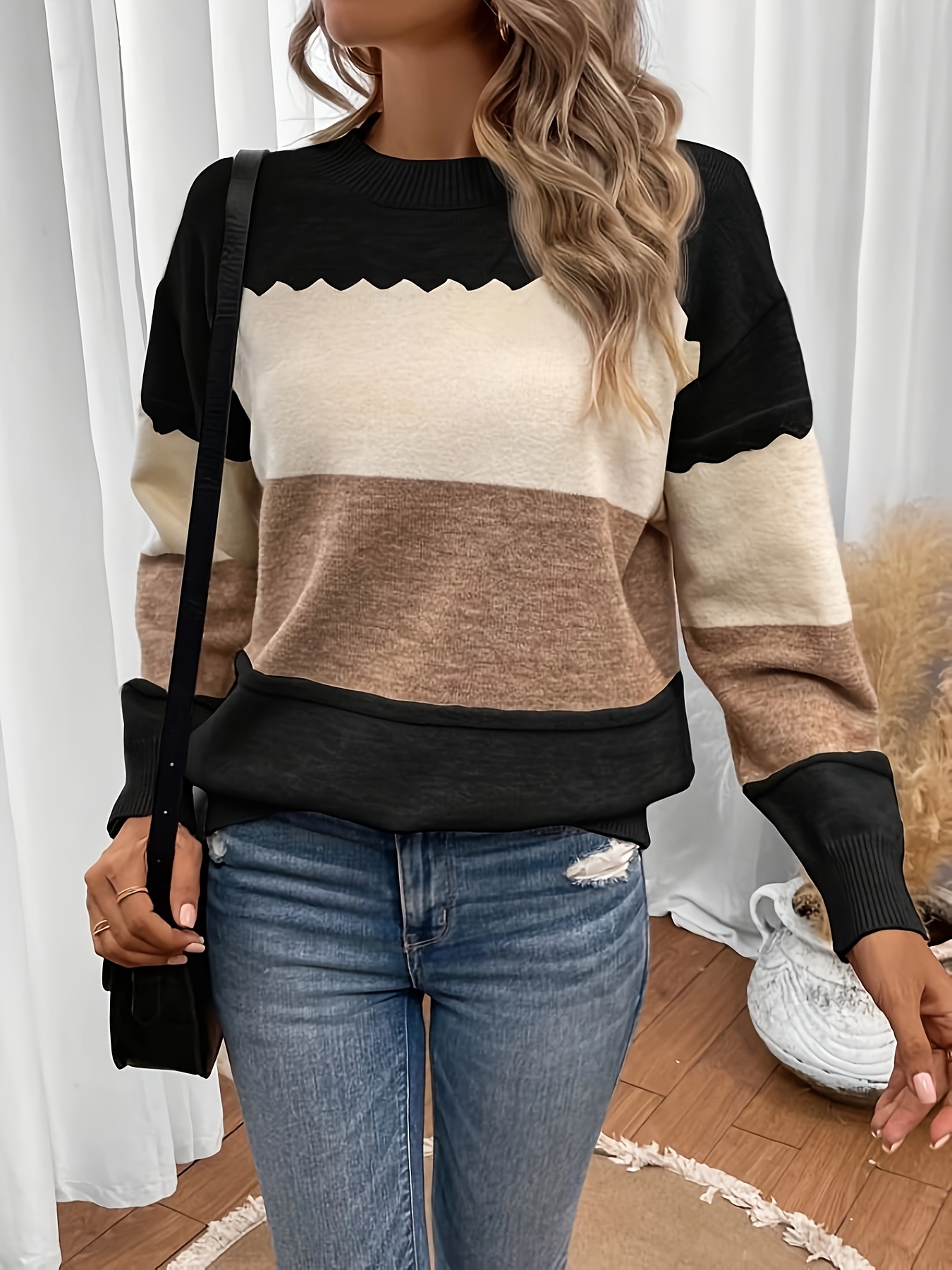 women's elegant striped pullover sweater soft round neck Temu