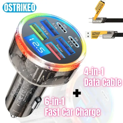car phone charger with qc3 0 fast charging 6 multi function car adapter charger with display and ambient lighting for all car models suitable for everyday use perfect gift for drivers tech enthusiasts 4 in