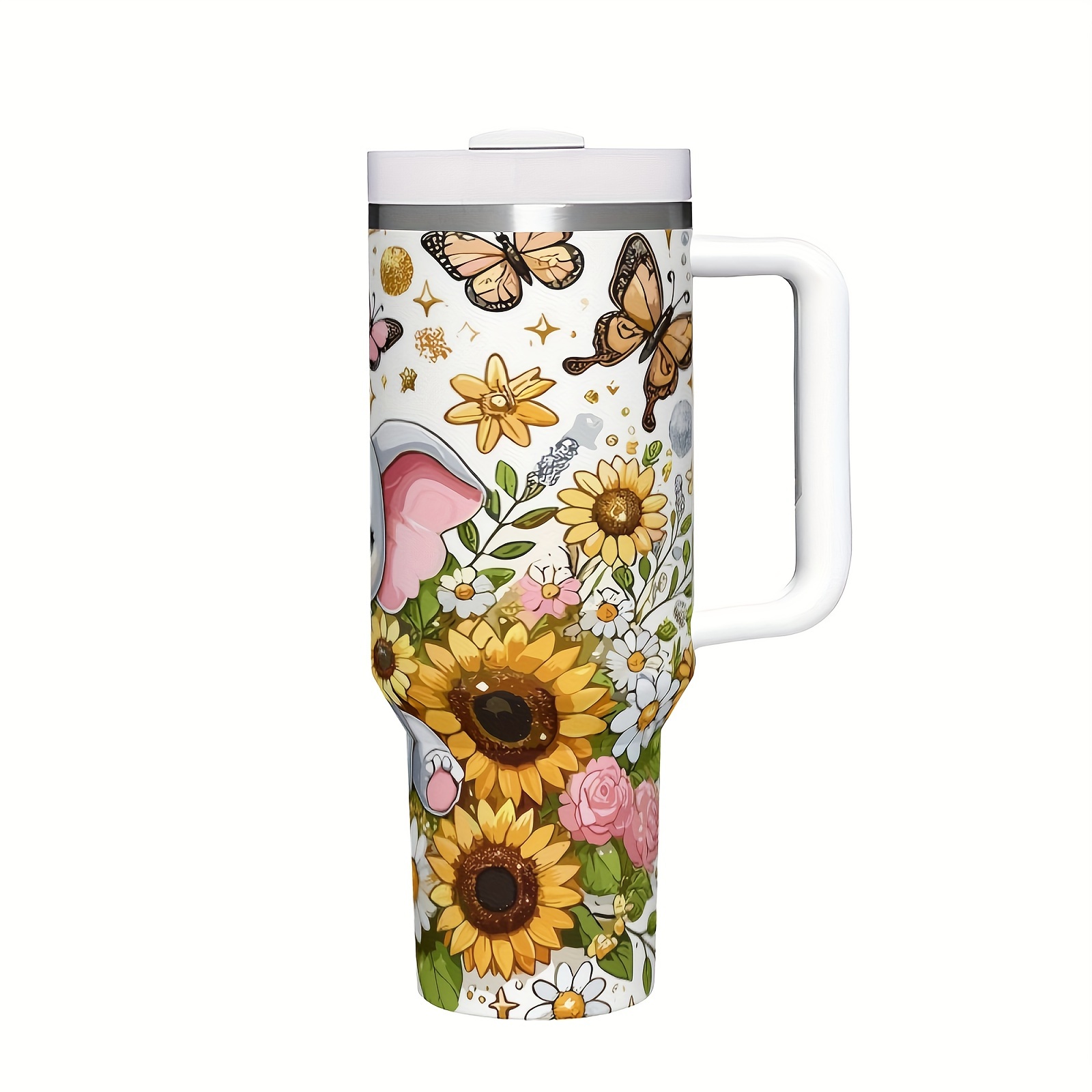 

Elephant & Sunflower 40oz Stainless Steel Travel Mug With Lid, Handle & Straw - Reusable, Hand-wash Only, Perfect Gift For