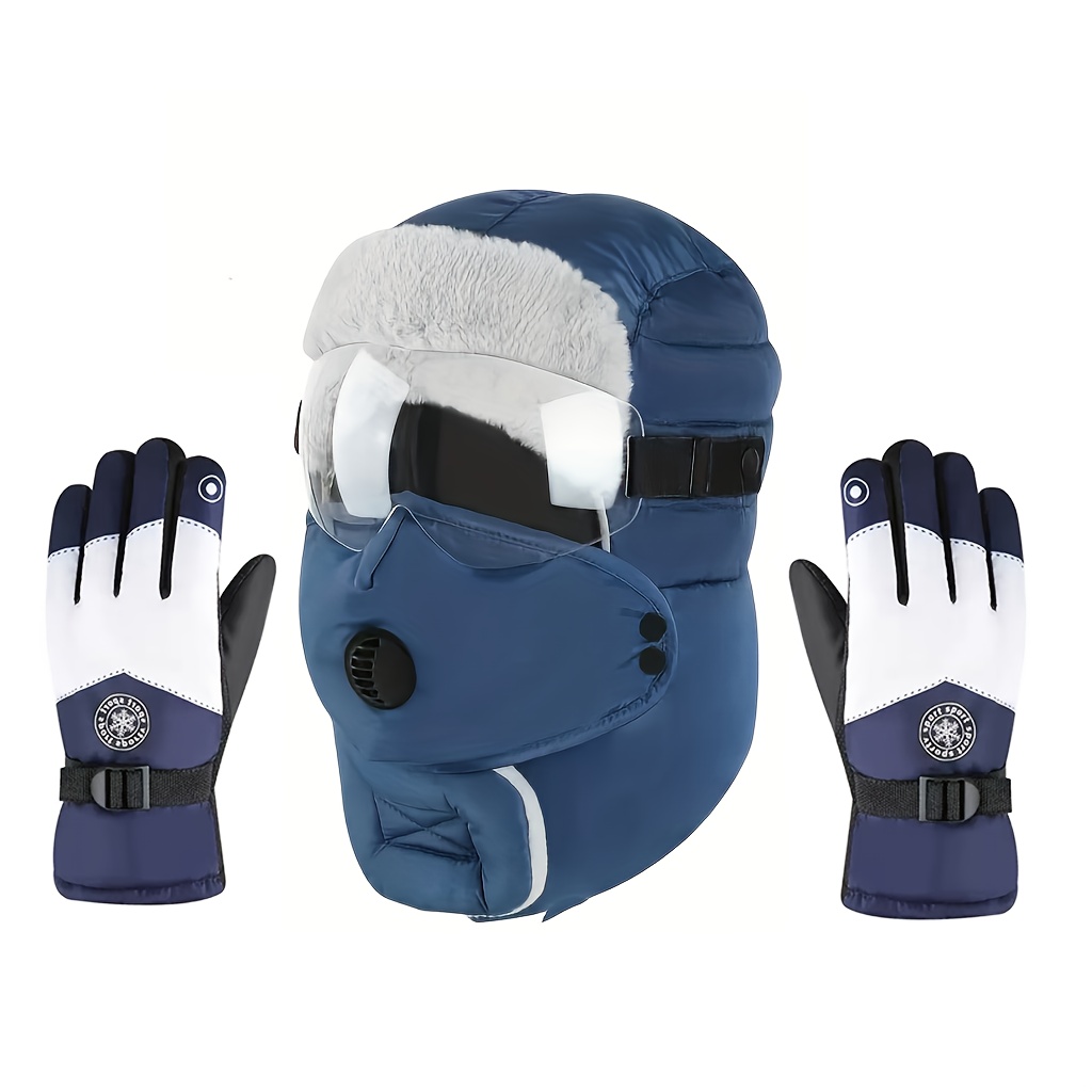 TEMU Winter Outdoor 2pcs Set: Fleece-lined (ear Protection, Mask, And Neck Gaiter In One) And Thick Ski Gloves - Windproof And Cold-resistant