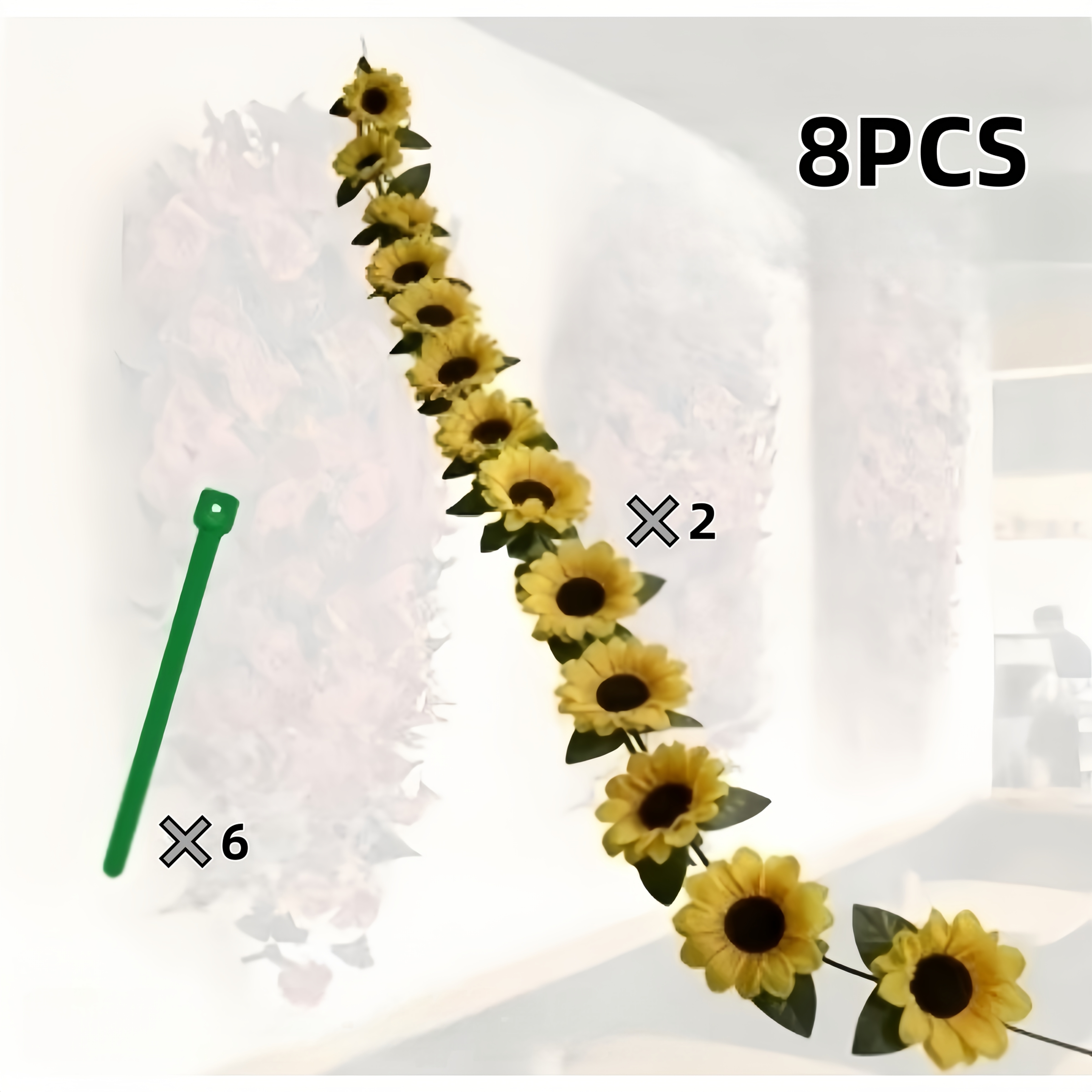 TEMU 6 Ties + 2 Vine Strands Artificial Sunflower Vine Tie Set, Includes 2 Hanging Sunflower Wreaths And 6 Ties, Realistic Faux Flowers And Greenery,