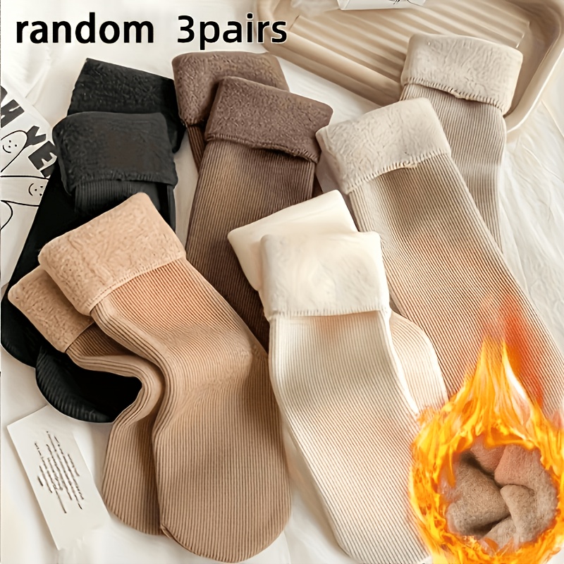 TEMU 3 paires de chaussettes thermiques doublées pour femme, couleurs aléatoires - Chaussettes d'hiver épaisses à rayures avec doublure douce et
