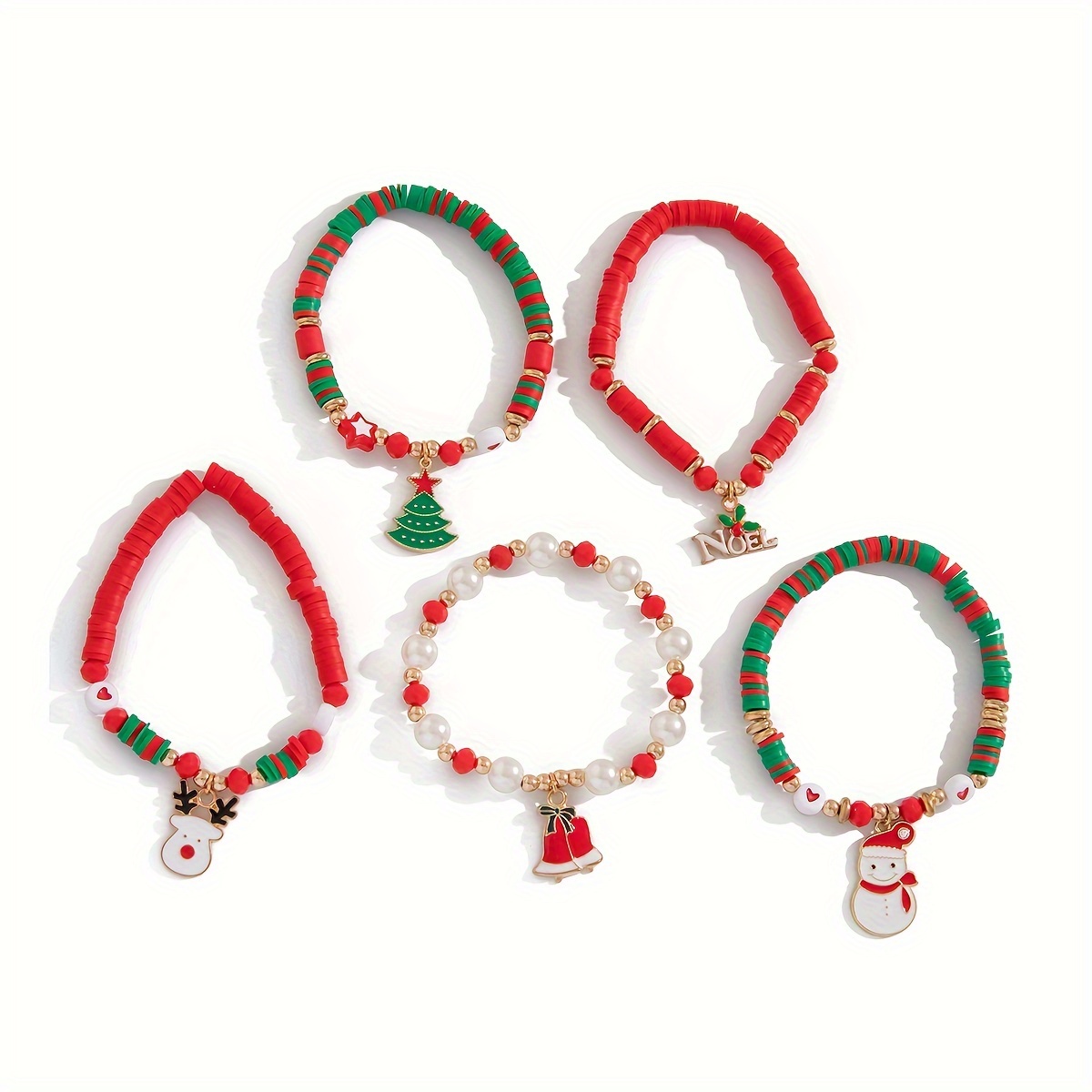 TEMU 5pcs Set Of Soft Clay Acrylic Beaded Bracelets For Parties, Christmas, Elk, Christmas Tree, Santa Claus Decoration Combination Set, Bracelet