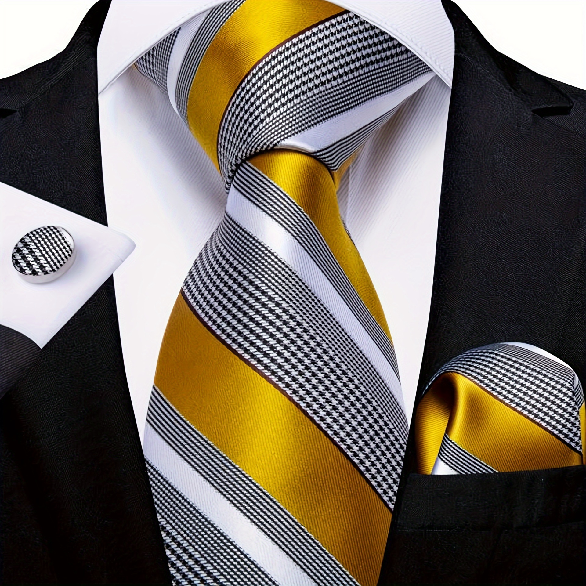 

Elegant Men's Striped Tie Set With Matching Pocket Square & Cufflinks - Sophisticated Golden And For Weddings, Business & Formal - Ideal Gift For Father's Day, Valentine's, Anniversaries