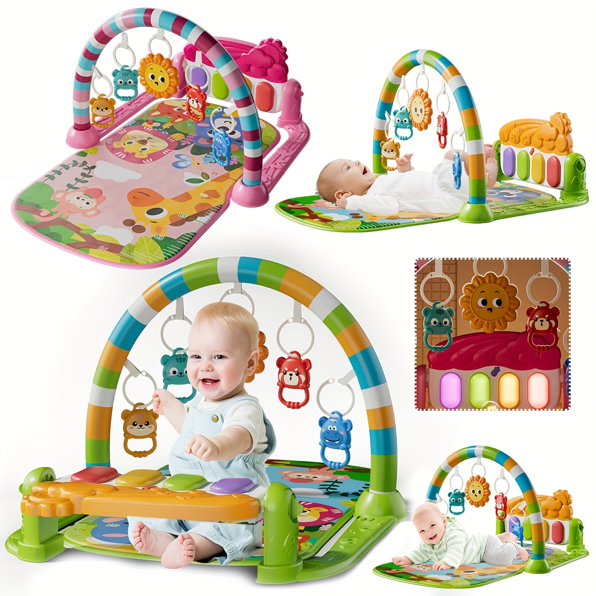 5 in 1 multifunctional baby activity center with musical piano keys sensory toys adjustable reclining seat padded tummy time mat for newborns toddlers pink green easy assembly baby bouncy seat toddler play area     padded surface easy assembly setup infant play gym colorful activity mat nontoxic materials infant activity gym parents of babies Product details 0