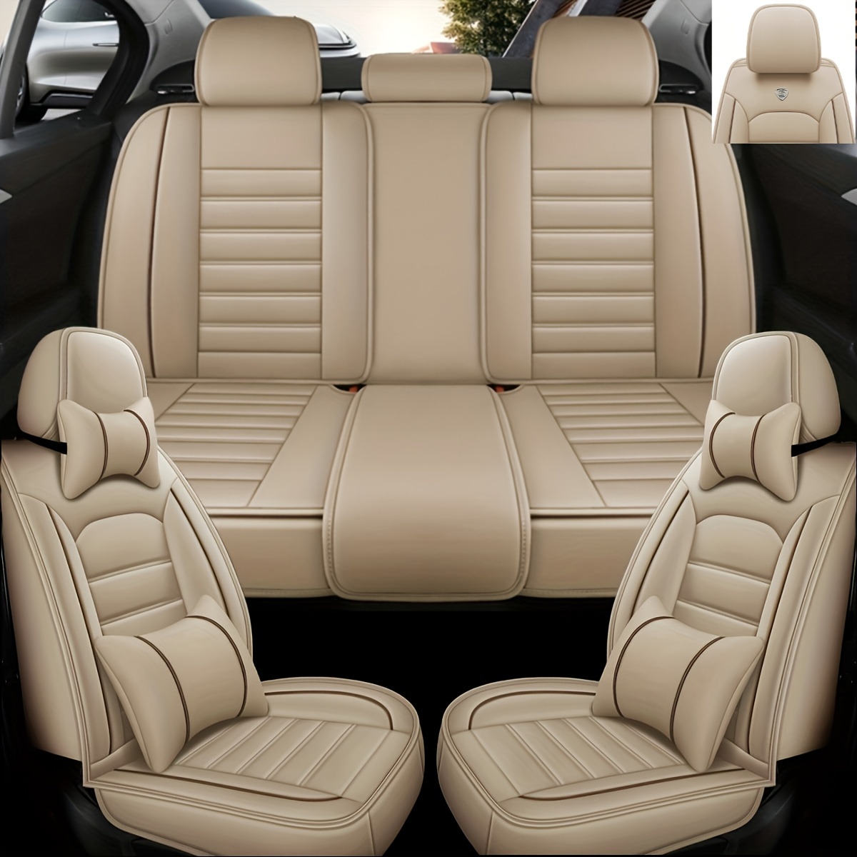 TEMU Single/five-seat Car Seat Covers, New All-inclusive Full Faux Leather Universal Car Cushion Interior Set (optional Headrest And Lumbar Support)