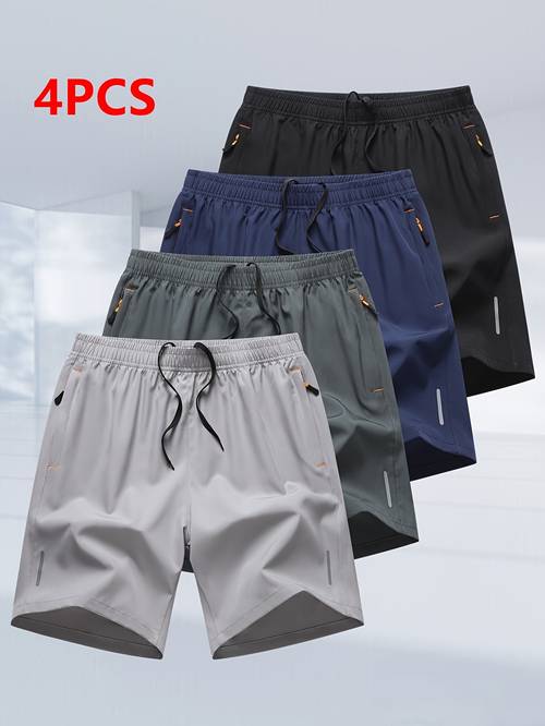 4pcs mens summer athletic shorts quick dry lightweight breathable fabric reinforced zipper pockets drawstring waist comfortable loose fit for running gym cycling basketball tennis outdoor sports beach party