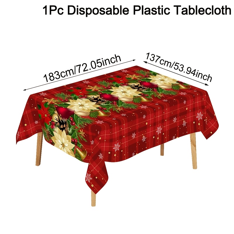 TEMU 1pc Christmas Tablecloth, 137 X 183cm Christmas Poinsettia Disposable Tablecover, Plastic Rectangle Red Xmas Holiday Table Cover For Christmas