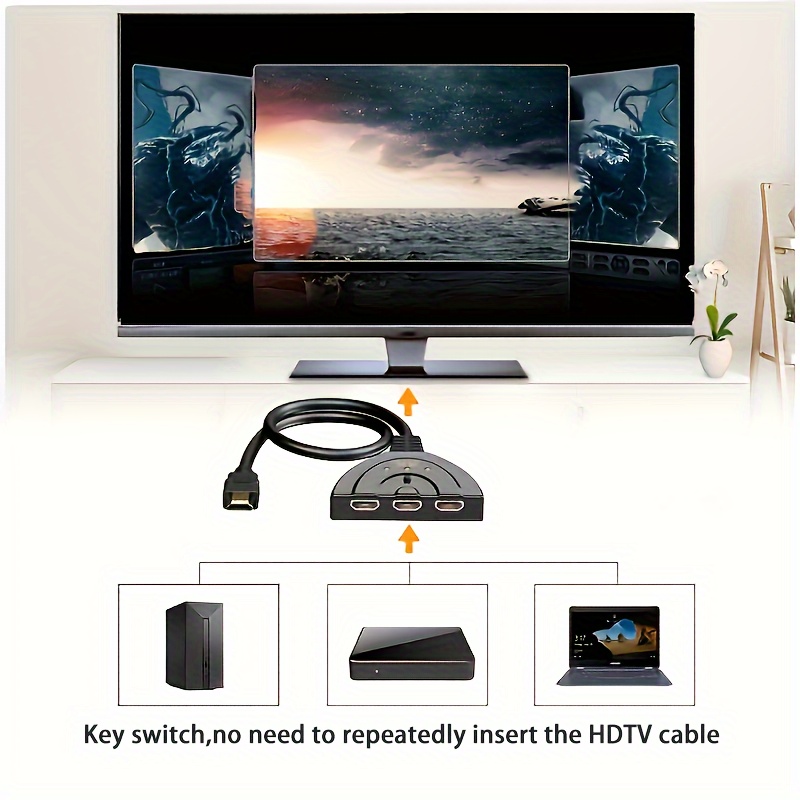 Un appareil de commutation HDMI 3-en-1 pour connecter un boîtier décodeur à un moniteur via un câble HDMI 2.0, prenant en charge une résolution 4K@60/30Hz.