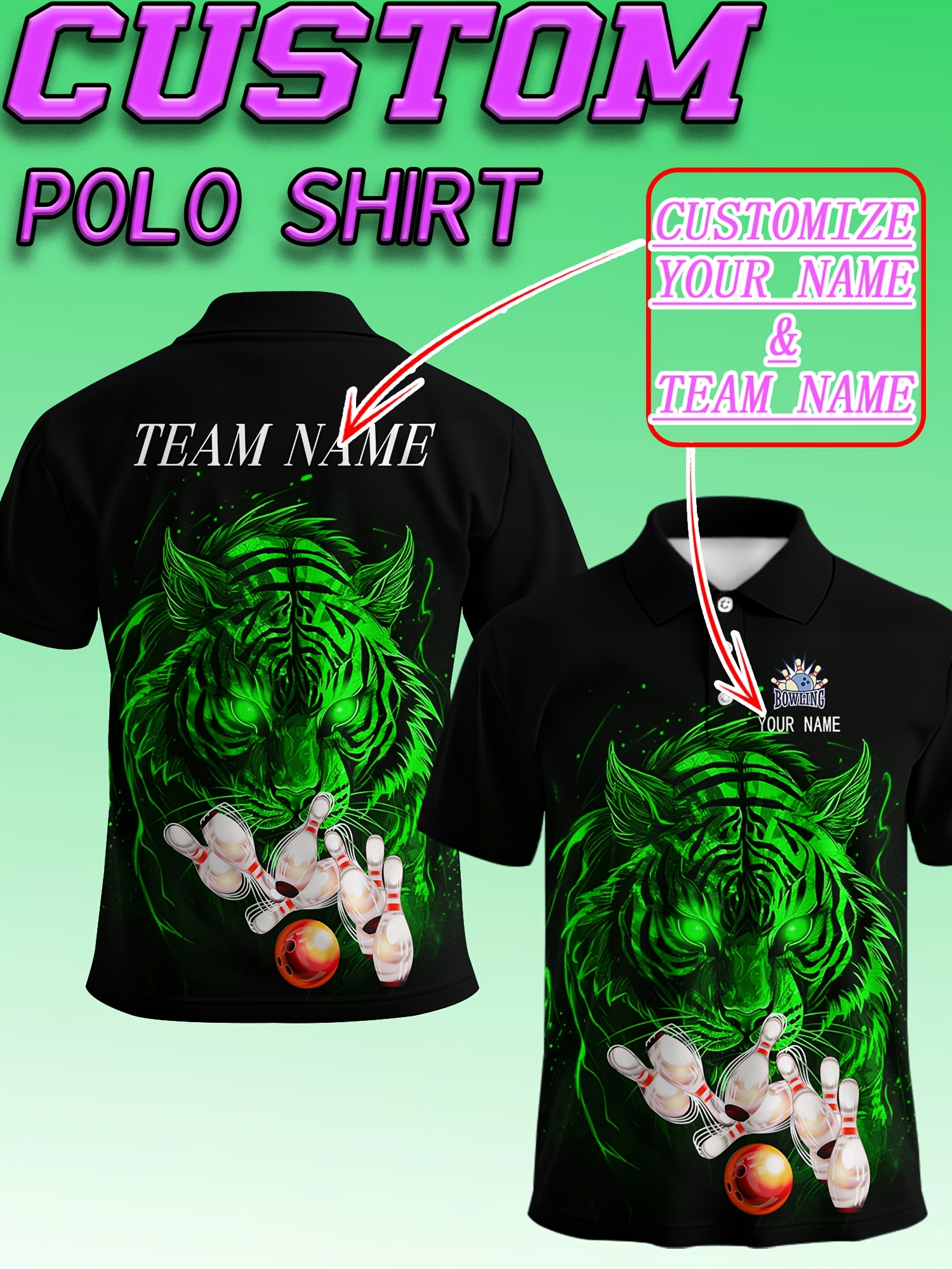 Customized Personalized Bowling-Themed * Shirts Featuring * Tiger And  Bowling Patterns, Suitable for Competition Clubs, Team Uniforms, And Ca, image size:800x1067