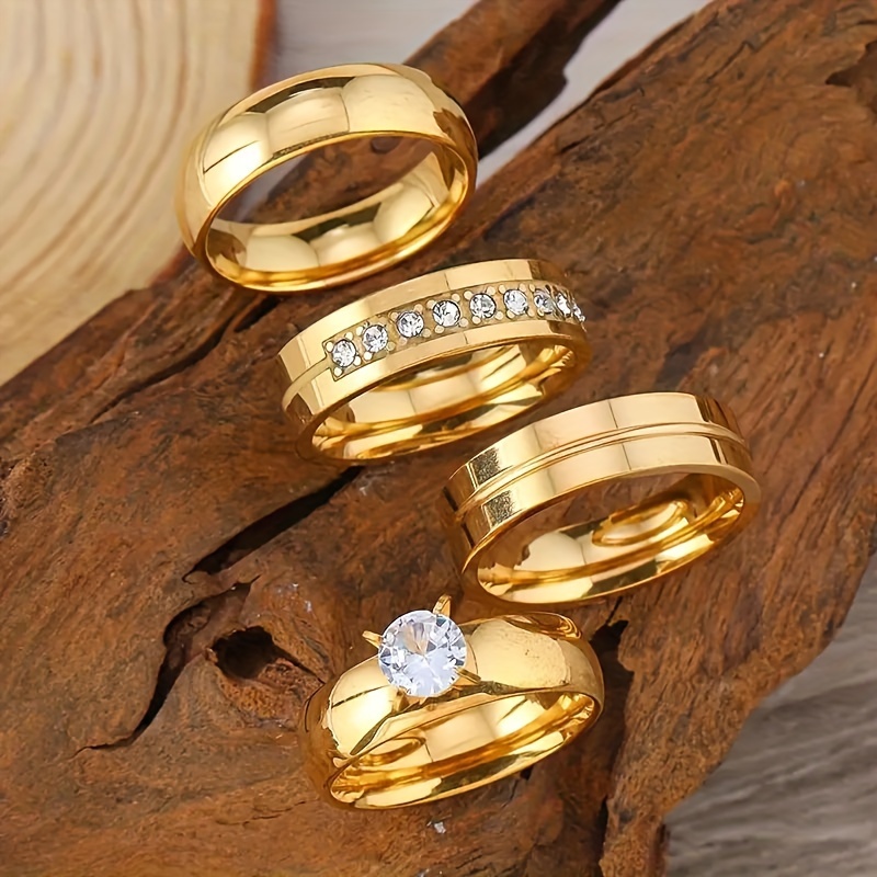 4pcs Stainless Steel Ring Set with Rhinestone Accents