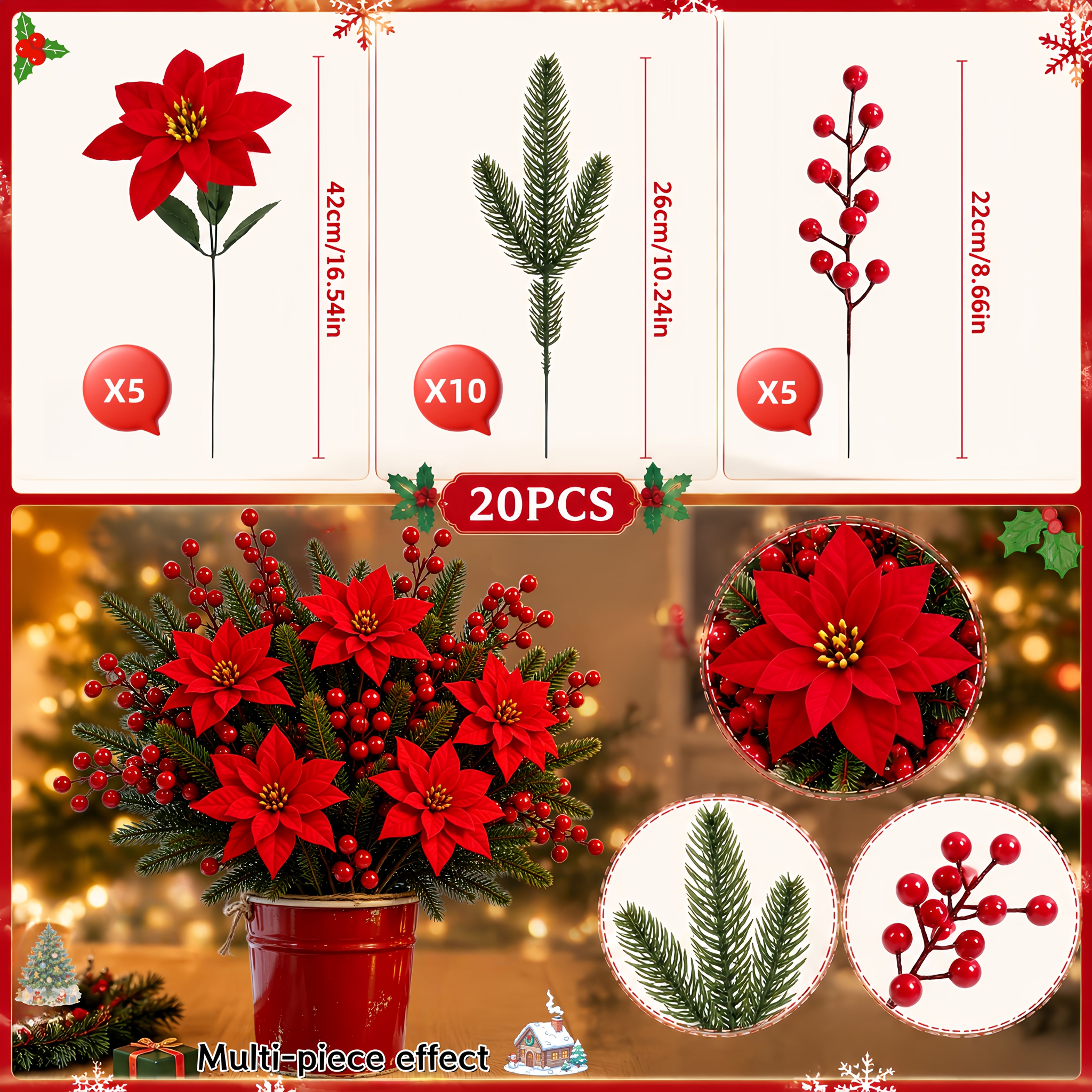TEMU 20 Bunches Pine Branch Artificial Flowers With Realistic Pine And Cedar Leaves And Artificial Berries Bouquet - Holiday Faux Flower Decoration,