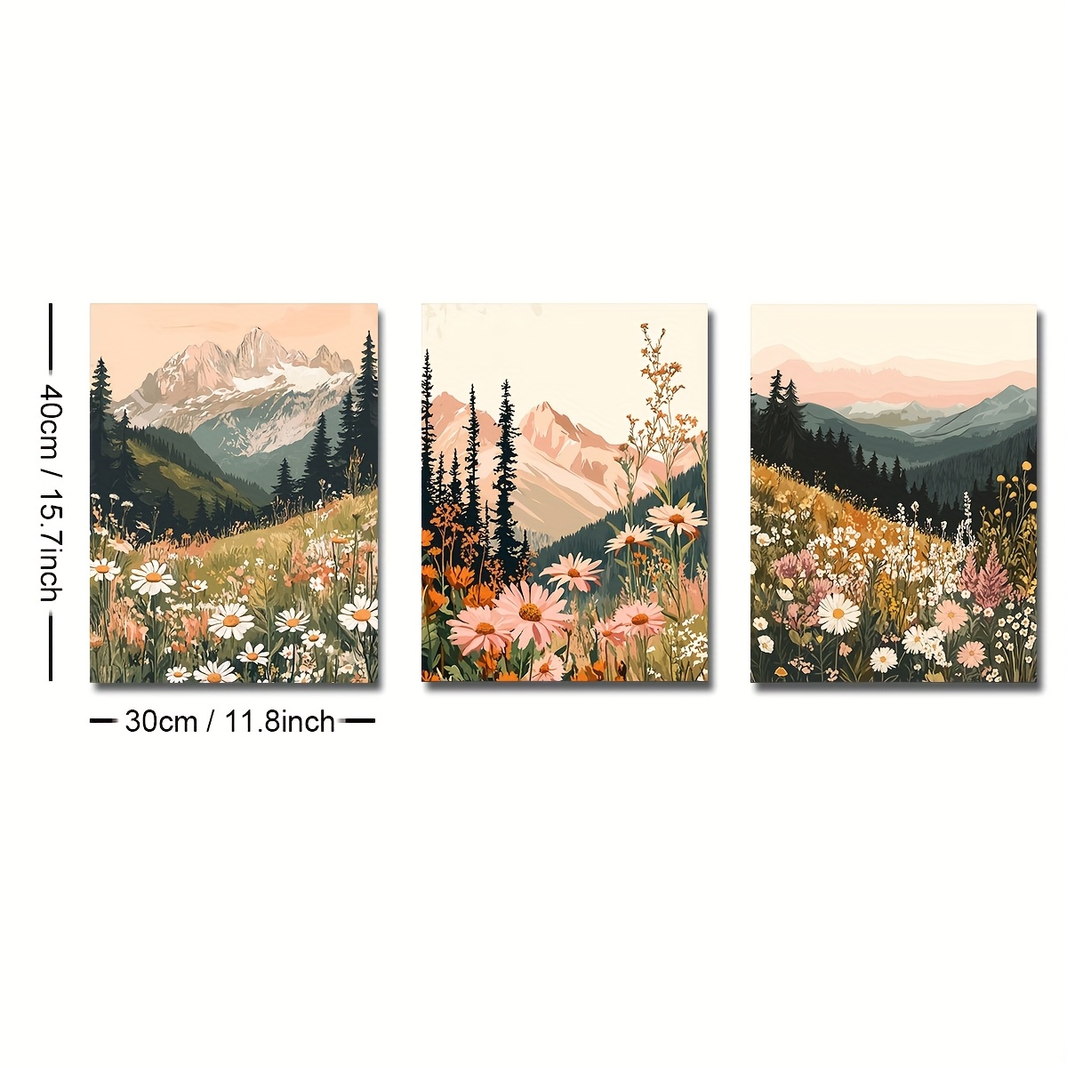 TEMU Set Of 3 Unframed Boho Mountain Sunset Landscape Wall Art Poster Canvas Print Minimalist Botanical Aesthetic Decor Vintage Painting For