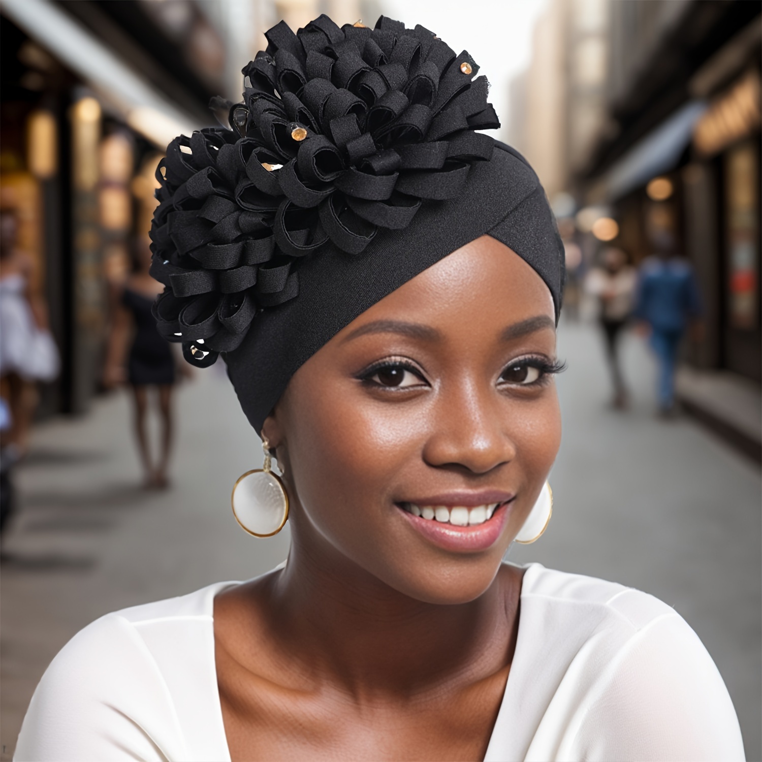 

African-style Turban Hat For Women, Brimmed Chemo Hat With Large Flower And Studded Rhinestone Accents