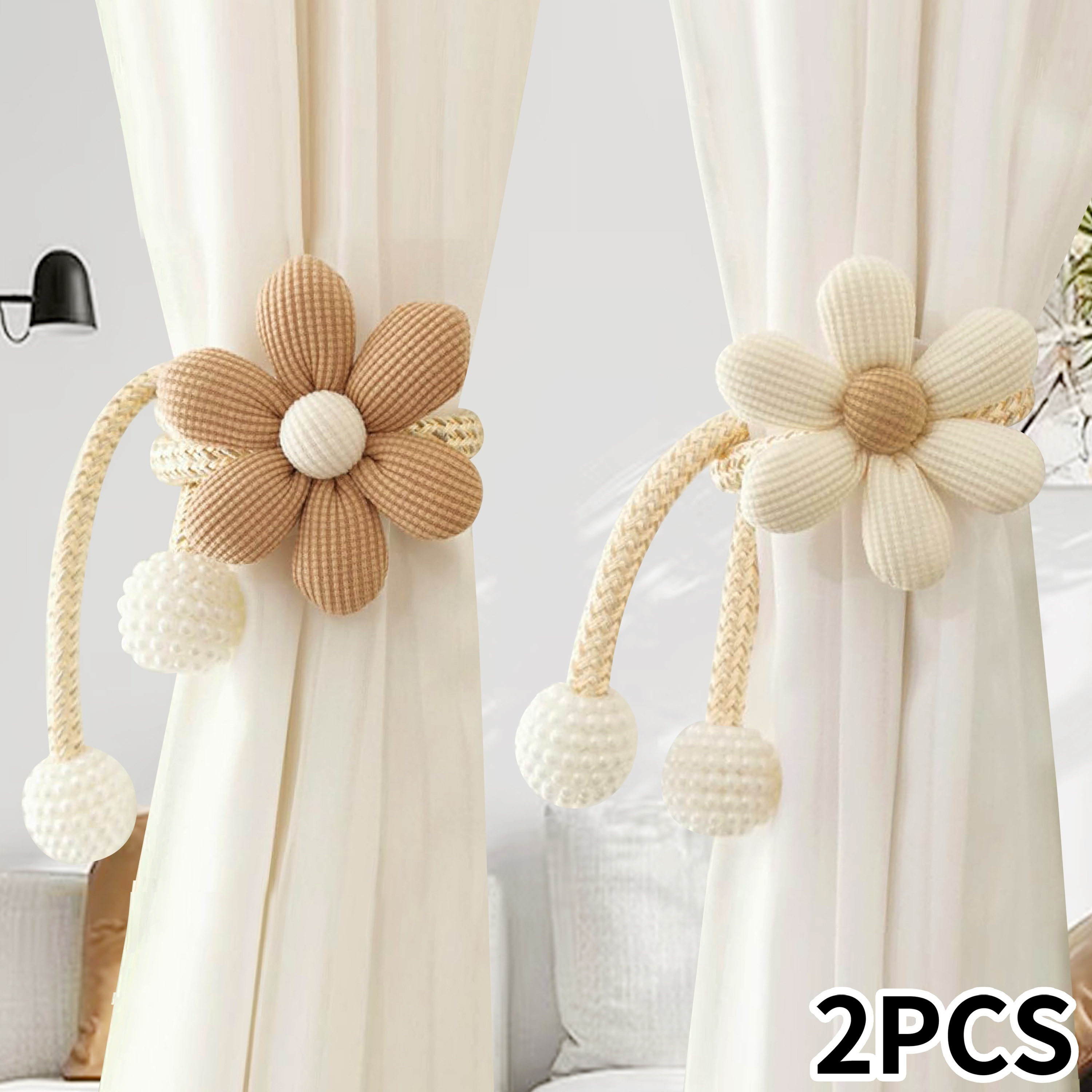 

2pcs Elegant Adjustable Curtain Tiebacks With Cartoon Flowers & White Pearl Accents - No Drill Needed, Bedroom, Living Room, And ' Rooms Decor